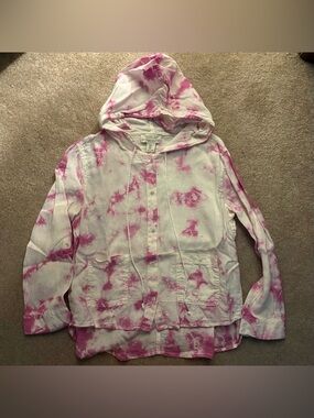 Rachel Zoe Tie-Dye Hooded Button Front Shirt Jacket - Pink and White size small